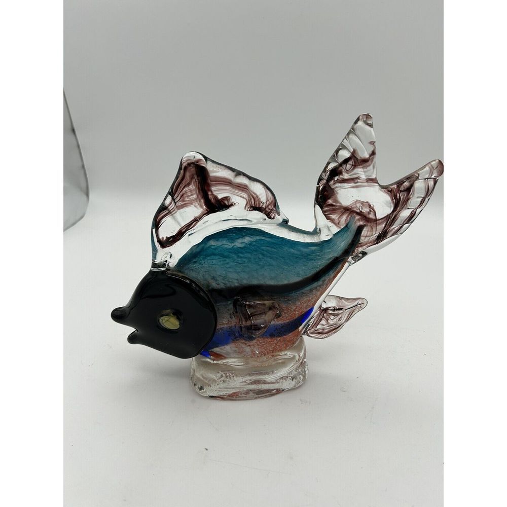 Pier 1 Art Glass Fish Figurine Hand‎ Blown 10"L x 8" W Colorful Aqua Purple